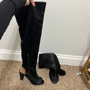 Open toe open back knee high heels